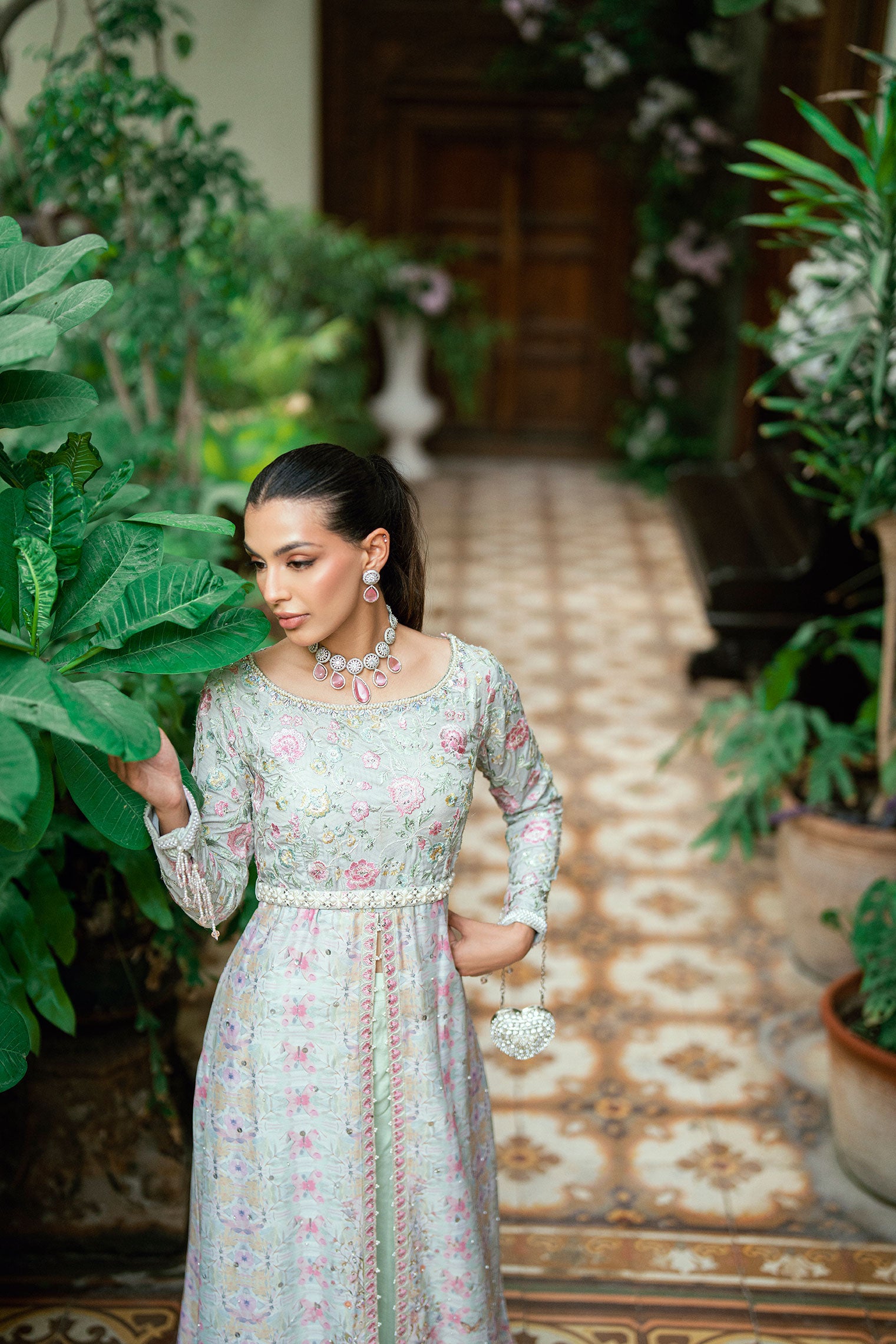 Pastel green 2-piece luxury silk front-open kurta with embroidered waist belt.