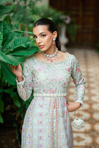 Pastel green 2-piece luxury silk front-open kurta with embroidered waist belt.