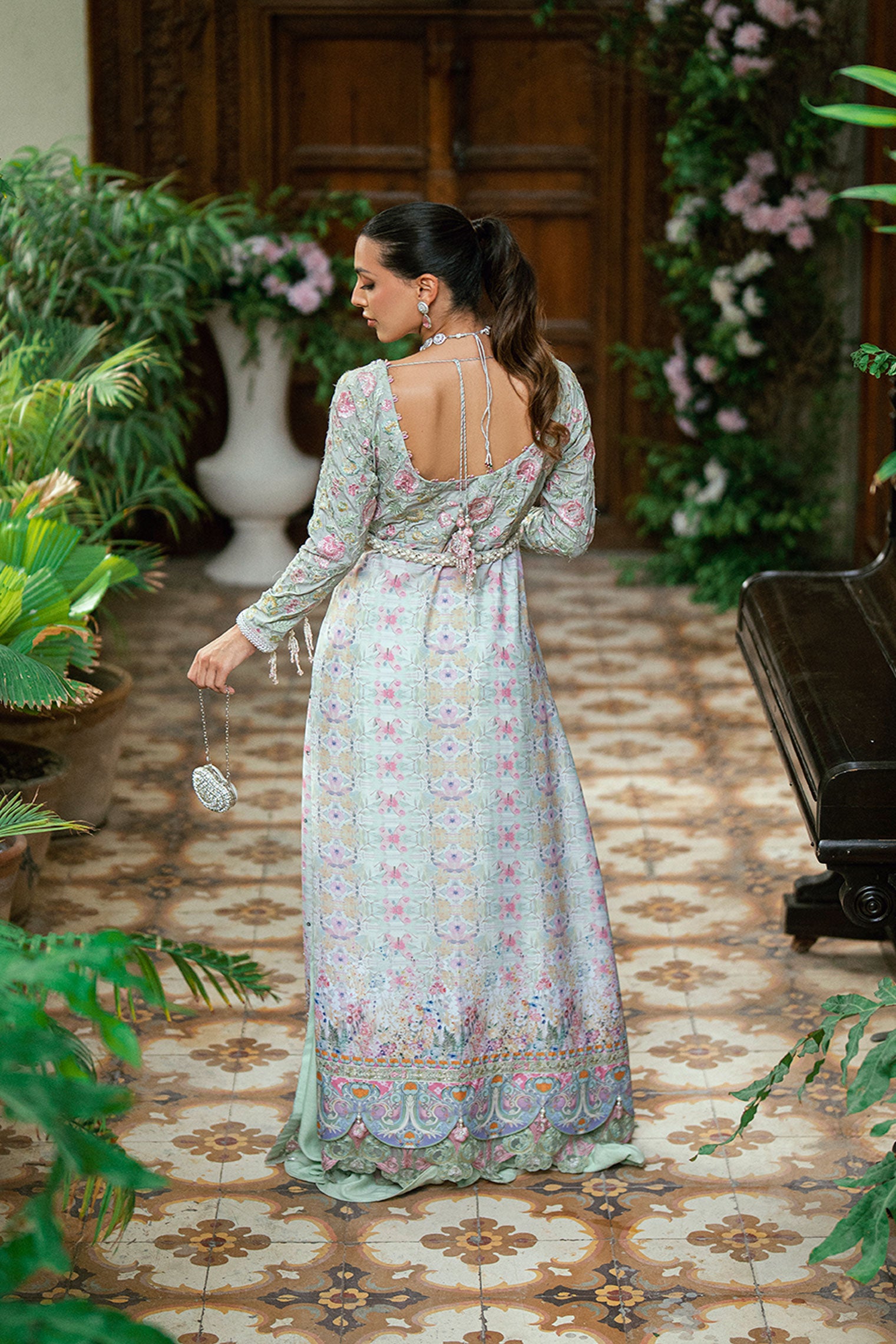 Pastel green 2-piece luxury silk front-open kurta with embroidered waist belt.