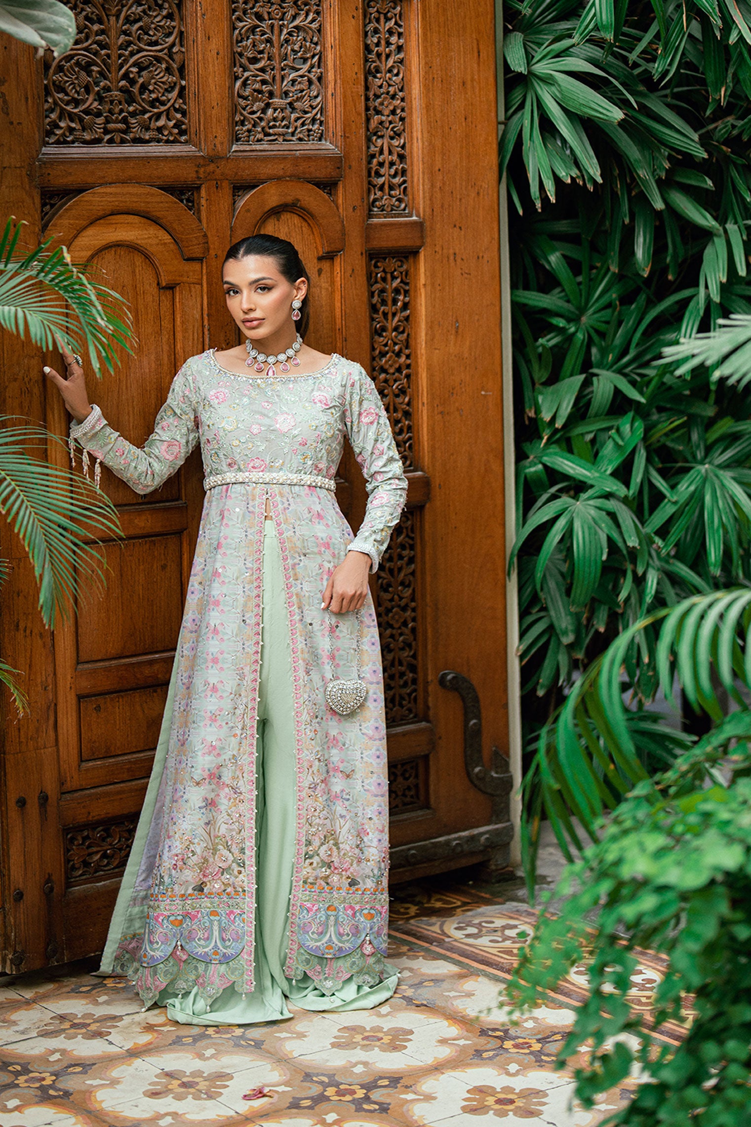 Pastel green 2-piece luxury silk front-open kurta with embroidered waist belt.