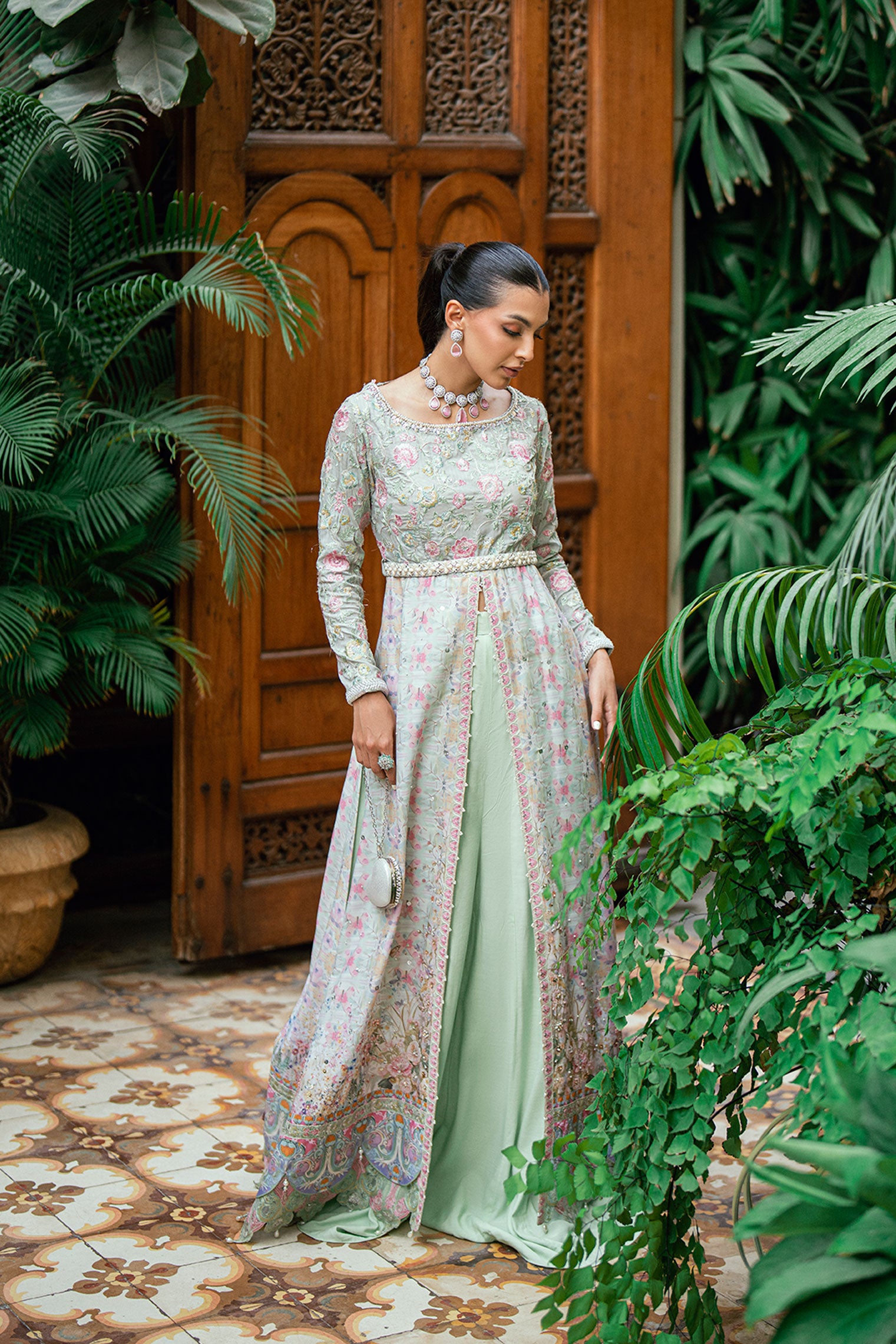 Pastel green 2-piece luxury silk front-open kurta with embroidered waist belt.