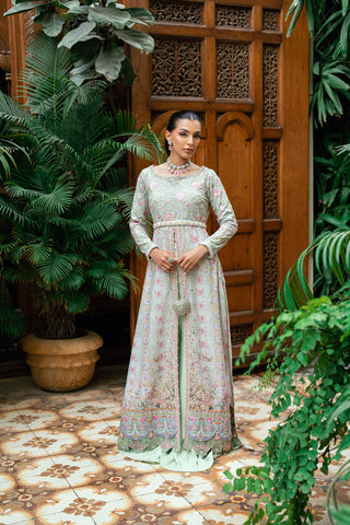 Pastel green 2-piece luxury silk front-open kurta with embroidered waist belt.