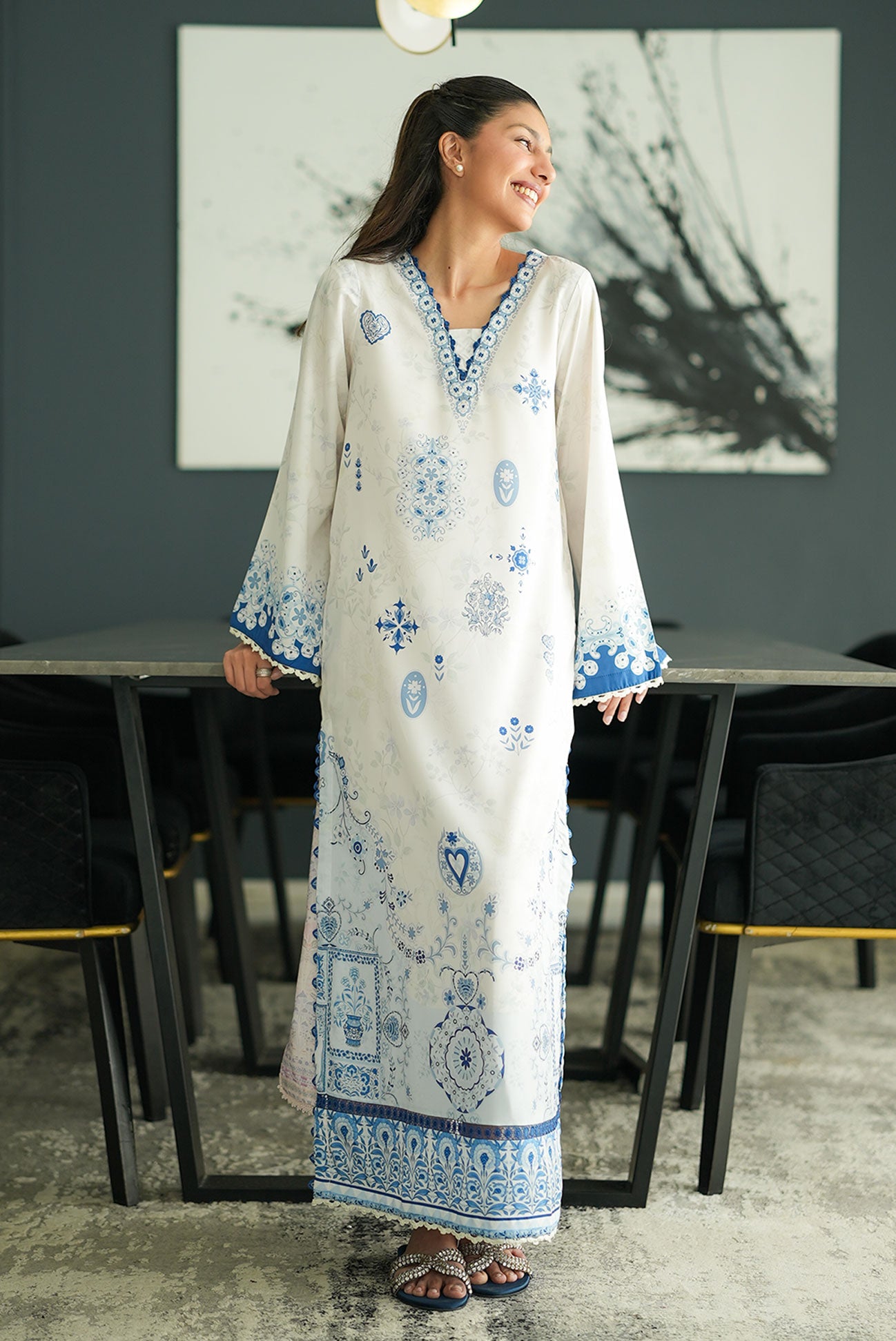 SS26DP-2955 OFF WHITE  - SILK - 1PCS PRINTED  KAFTAN