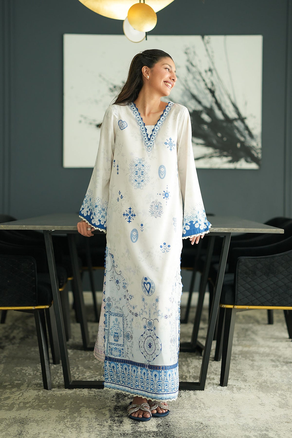 SS26DP-2955 OFF WHITE  - SILK - 1PCS PRINTED  KAFTAN