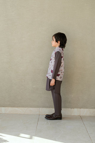 Boys dark grey kurta pajama with floral waistcoat.