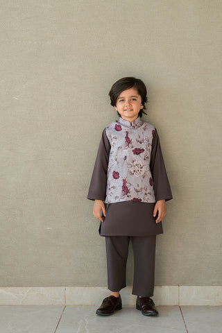 Boys dark grey kurta pajama with floral waistcoat.