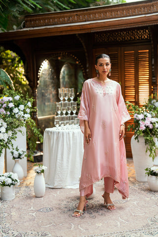 Pink 2-piece sheesha silk outfit featuring a contemporary butterfly cut and elegant embroidery.