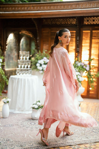 Pink 2-piece sheesha silk outfit featuring a contemporary butterfly cut and elegant embroidery.