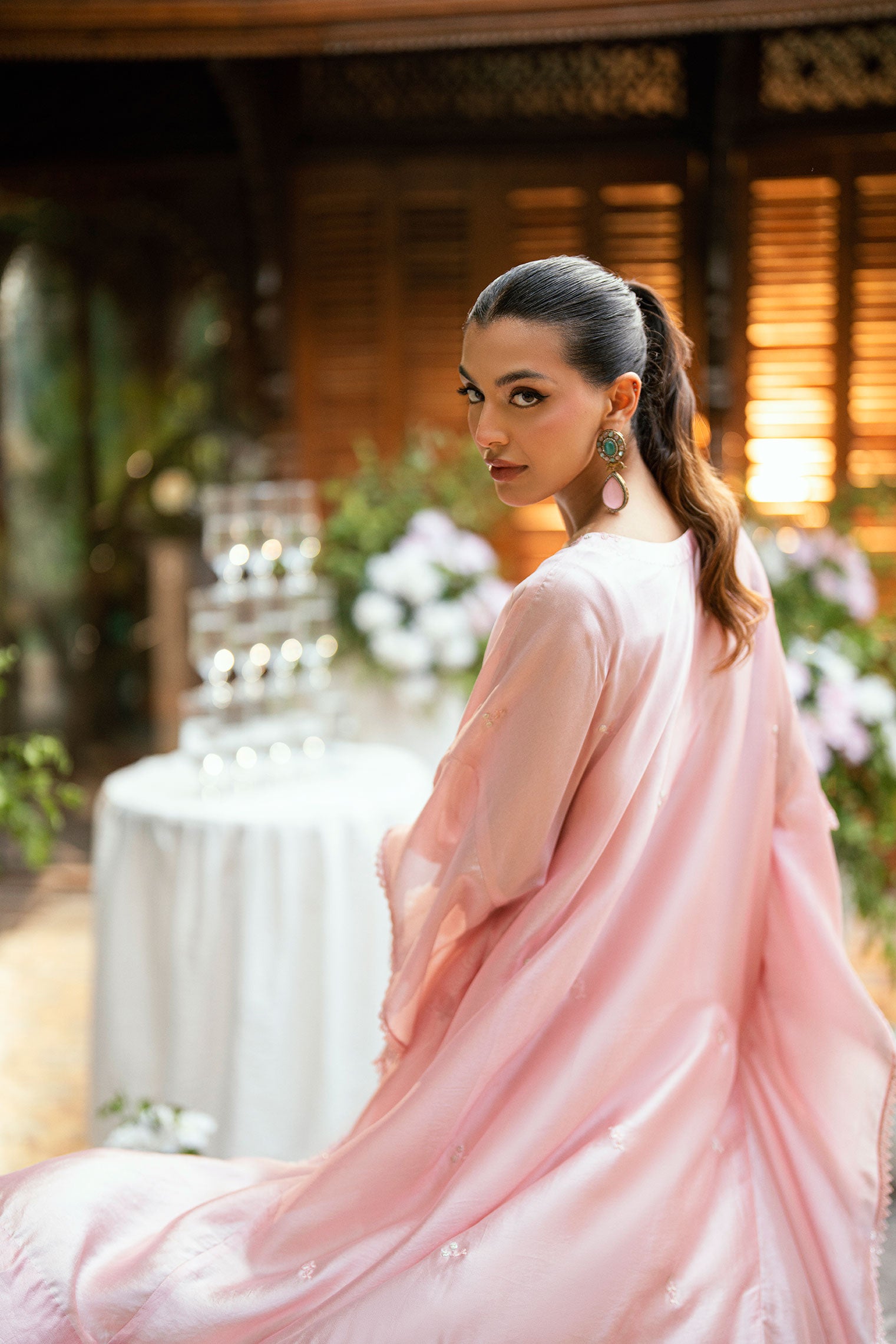 Pink 2-piece sheesha silk outfit featuring a contemporary butterfly cut and elegant embroidery.