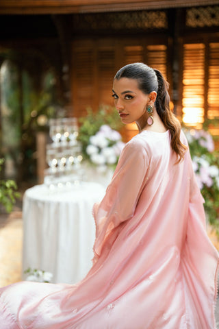 Pink 2-piece sheesha silk outfit featuring a contemporary butterfly cut and elegant embroidery.