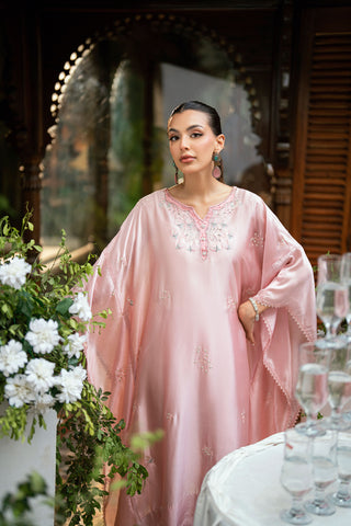 Pink 2-piece sheesha silk outfit featuring a contemporary butterfly cut and elegant embroidery.