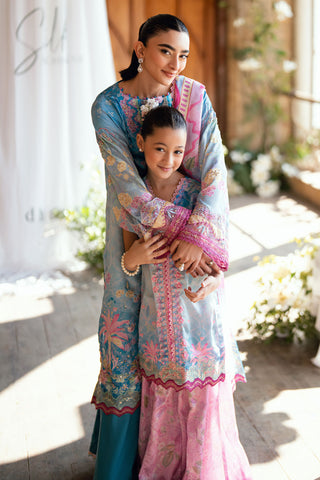 SS26DA-2898 Blue 2-piece satin silk ensemble featuring delicate embroidery over a soft print and flared pants with lace hem.