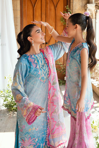 SS26DA-2898 Blue 2-piece satin silk ensemble featuring delicate embroidery over a soft print and flared pants with lace hem.