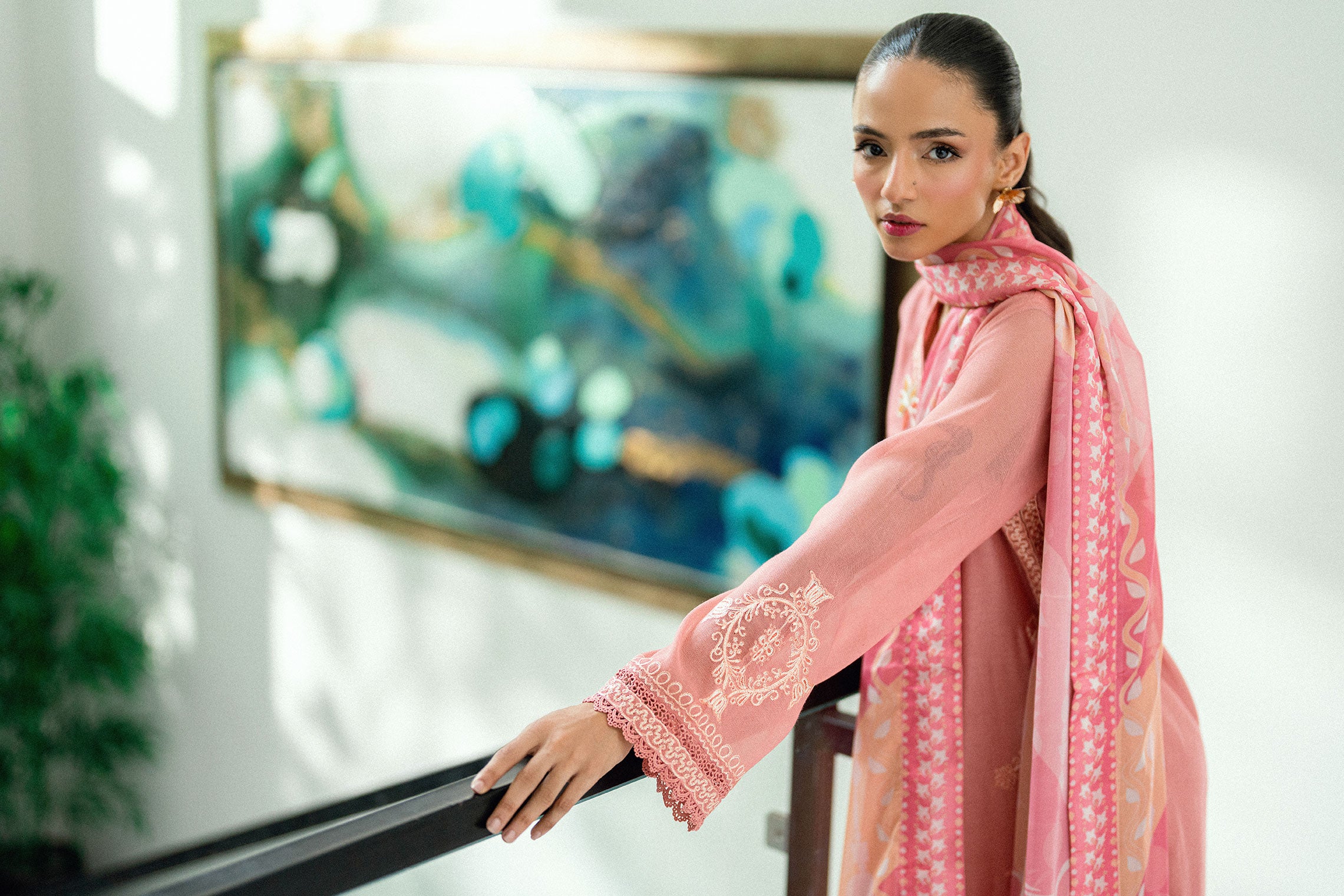 SS25DA-2721 PINK  2PCS EMBROIDERED KURTA WITH TROUSER