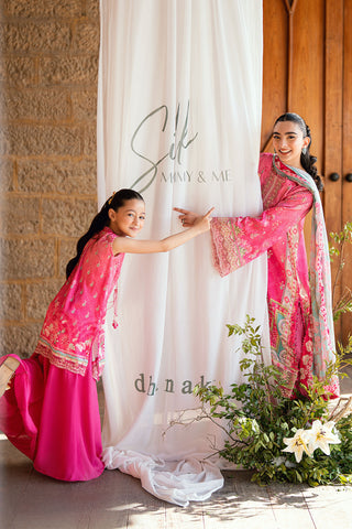 SS26DA-2900 Pink 2-piece hand-embellished silk ensemble featuring intricate detailing and delicate craftsmanship.