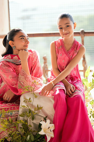 Kids pink 2-piece satin silk outfit with delicate embroidery.
