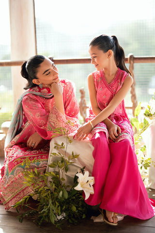 SS26DA-2900 Pink 2-piece hand-embellished silk ensemble featuring intricate detailing and delicate craftsmanship.