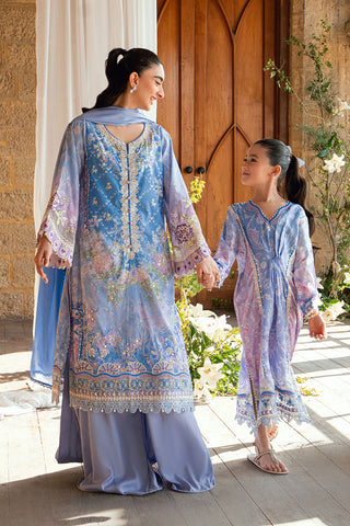 SS26DA-2897 Purple 2-piece crepe silk outfit with a subtle print, delicate hand embellishments, and solid flared pants.