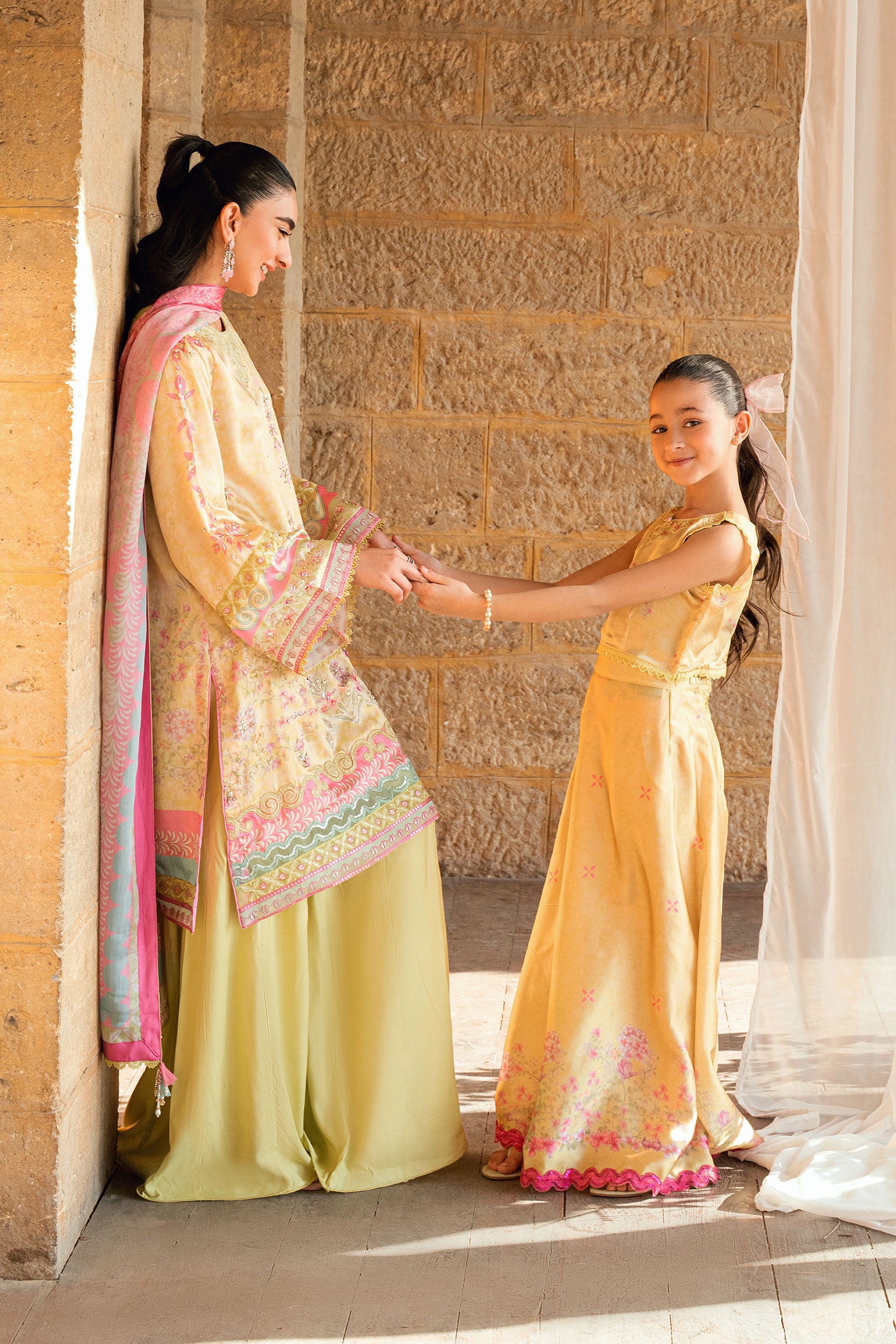 Kids yellow 2-piece shamoz silk set with floral embroidery.