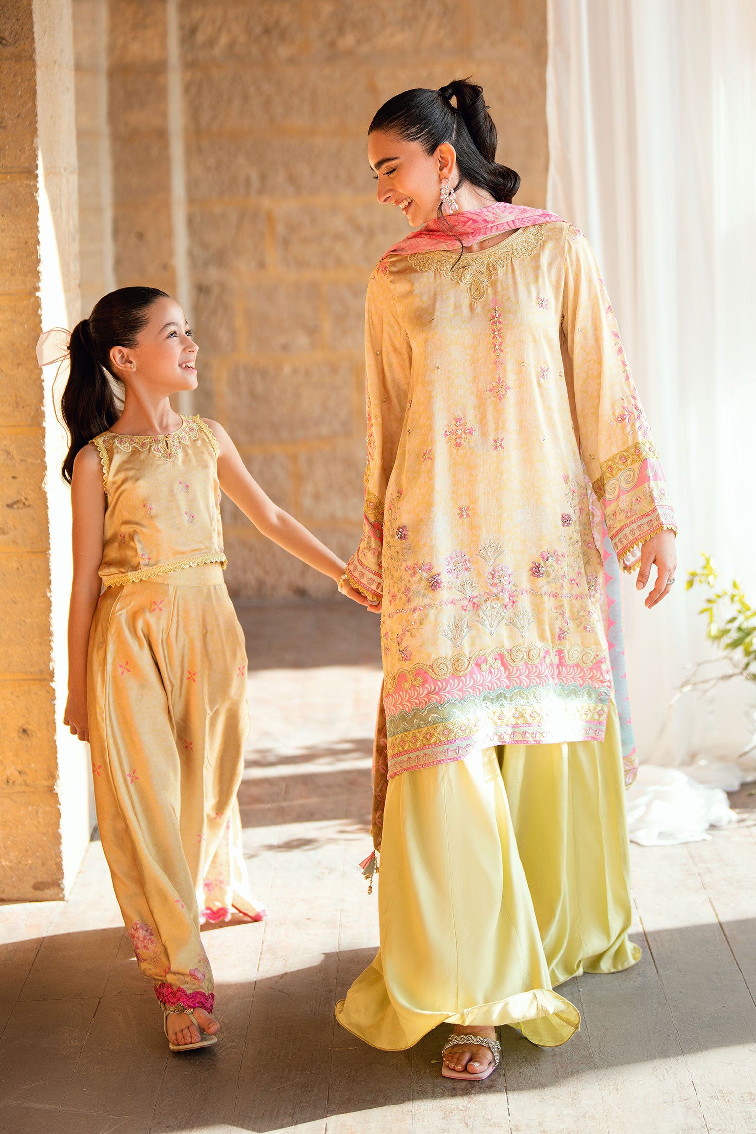 Kids yellow 2-piece shamoz silk set with floral embroidery.
