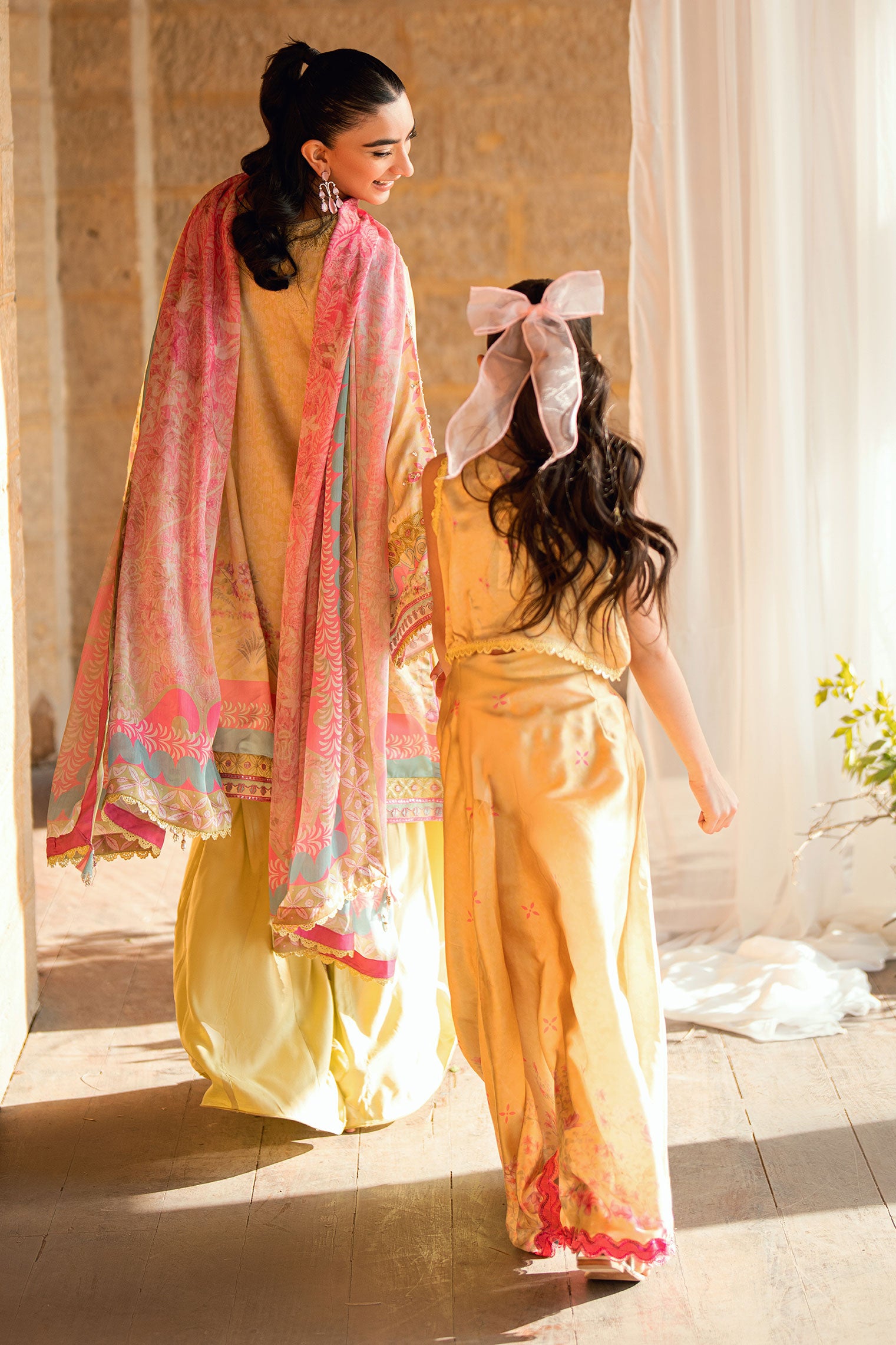 Kids yellow 2-piece shamoz silk set with floral embroidery.
