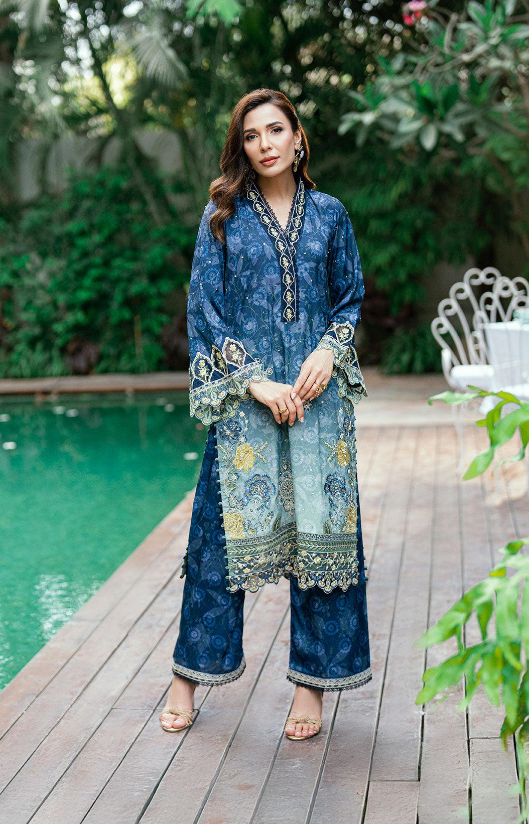 SS25DA-2754 NAVY BLUE 2PCS  EMBROIDERED KURTA WITH TROUSER