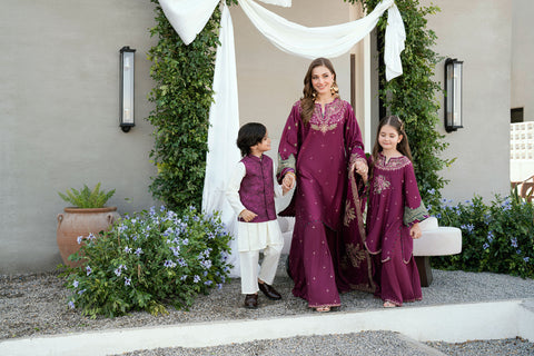 SS25DA-2701 PLUM 2PCS  EMBROIDERED KURTA WITH TROUSER