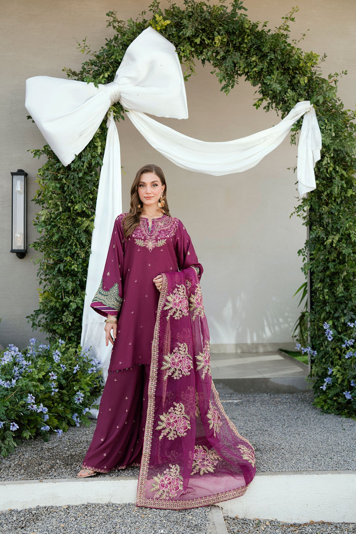 SS25DA-2701 PLUM 2PCS  EMBROIDERED KURTA WITH TROUSER