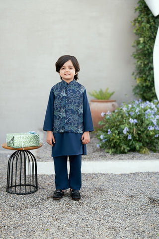 SS25DK-0188 - NAVY BLUE - KURTA ,PAJAMA & WAIST COAT - 3PCS