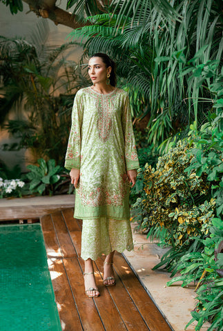 SS25DA-2751 L-GREEN 2PCS  HAND EMBELLISHED KURTA WITH TROUSER