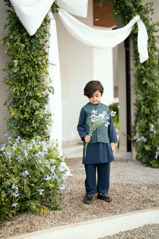 Boys navy blue kurta pajama with detailed waistcoat.