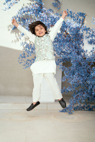 SS25DK-0187 - OFF WHITE -  KURTA ,PAJAMA & WAIST COAT  - 3PCS