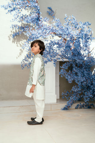 SS25DK-0187 - OFF WHITE -  KURTA ,PAJAMA & WAIST COAT  - 3PCS