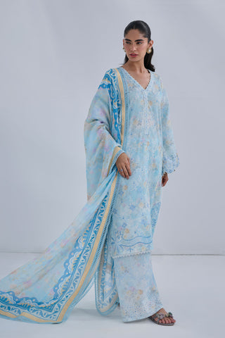 Sky blue printed dupatta by Dhanak