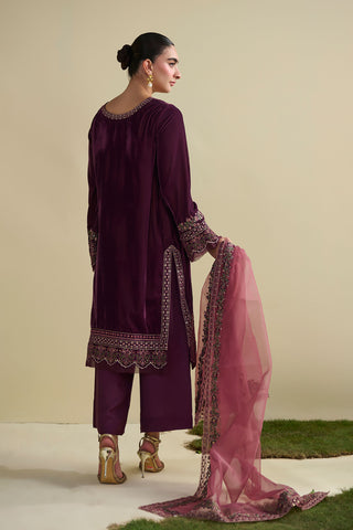 FW25DA-2805 Soft plum velvet shirt with delicate embroidery and subtle embellishments on the hem and sleeves.