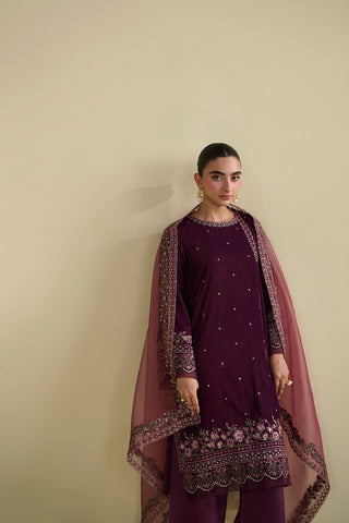 FW25DA-2805 Soft plum velvet shirt with delicate embroidery and subtle embellishments on the hem and sleeves.