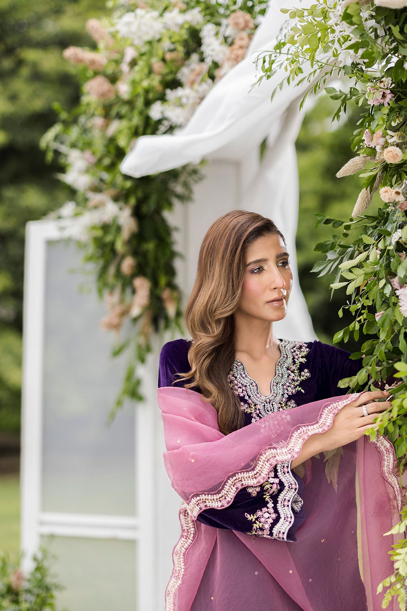 FW25DA-2830 Deep plum velvet shirt with shimmering accents and delicate embroidery on the neckline and flared sleeves