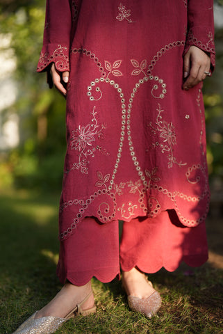 FW25DC-2880 Red 2-piece karandi ensemble featuring delicate embroidery and straight cut trousers.