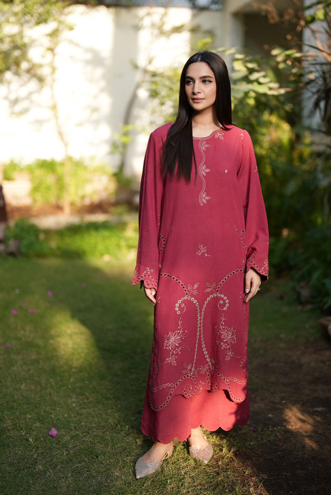 FW25DC-2880 Red 2-piece karandi ensemble featuring delicate embroidery and straight cut trousers.