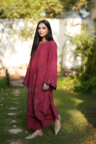FW25DC-2880 Red 2-piece karandi ensemble featuring delicate embroidery and straight cut trousers.