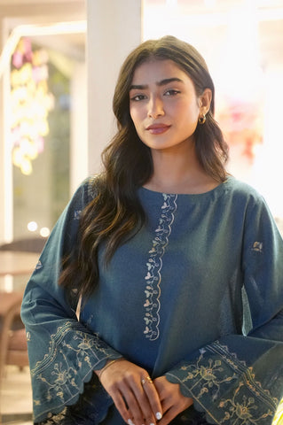 FW25DC-2884 Turquoise blue 2-piece ensemble with tonal embroidery on neckline, sleeves, and hem.