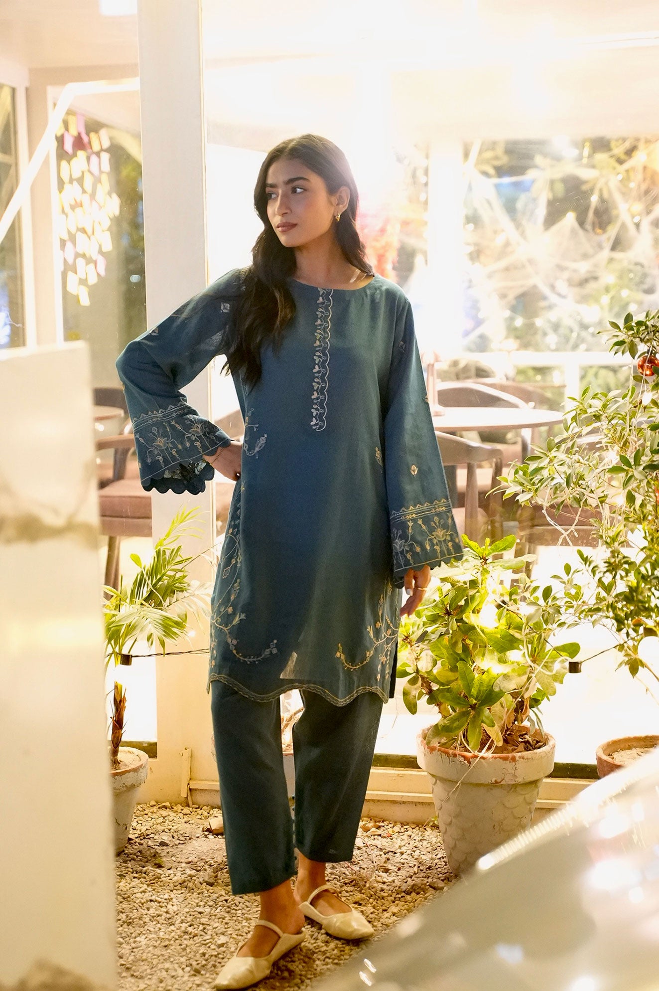 FW25DC-2884 Turquoise blue 2-piece ensemble with tonal embroidery on neckline, sleeves, and hem.