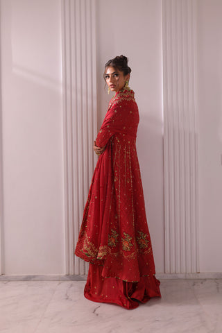 Luxury rust-colored embroidered formal suit with flared pants and adda work details.