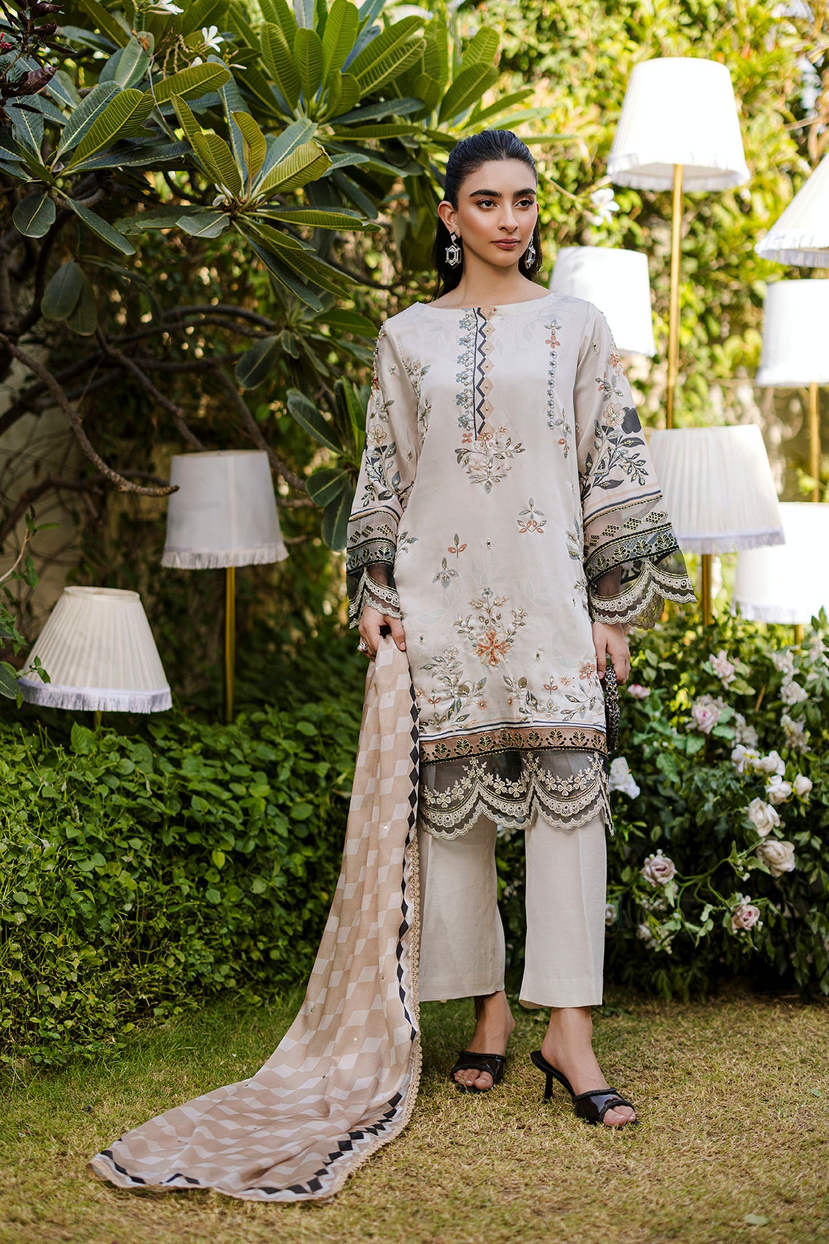 Soft beige 2-piece silk ensemble with olive and peach floral embroidery and scalloped lace borders.
