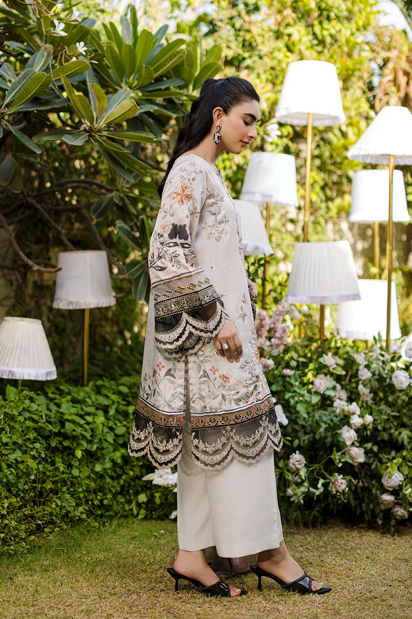 Soft beige 2-piece silk ensemble with olive and peach floral embroidery and scalloped lace borders.