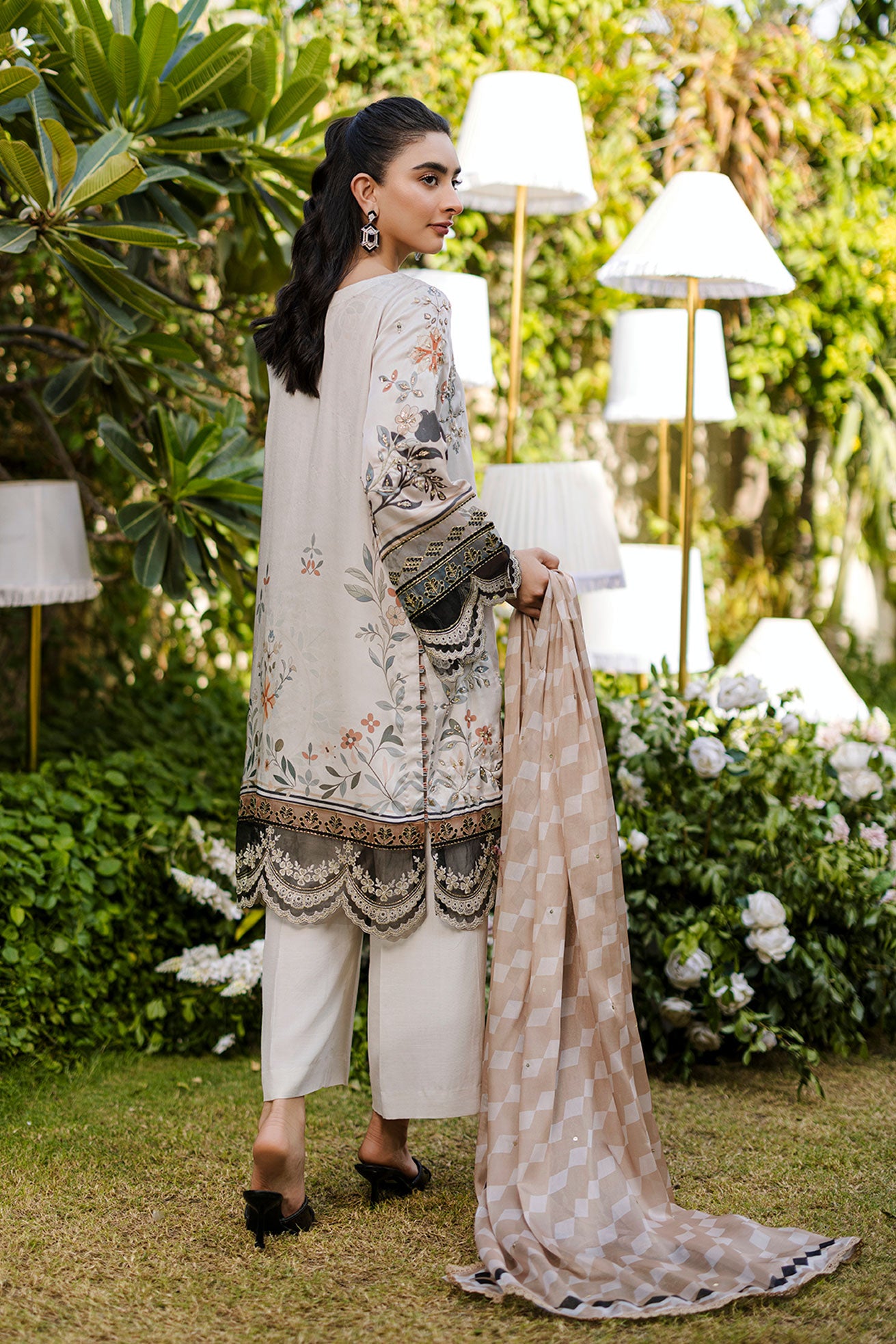 Soft beige 2-piece silk ensemble with olive and peach floral embroidery and scalloped lace borders.