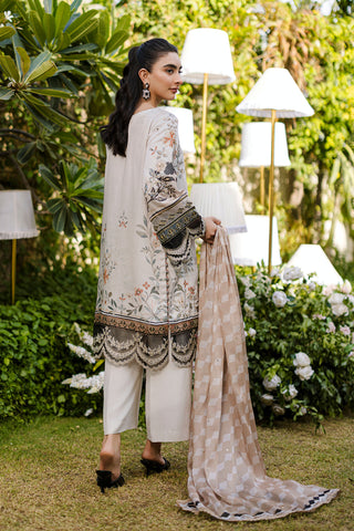 Soft beige 2-piece silk ensemble with olive and peach floral embroidery and scalloped lace borders.