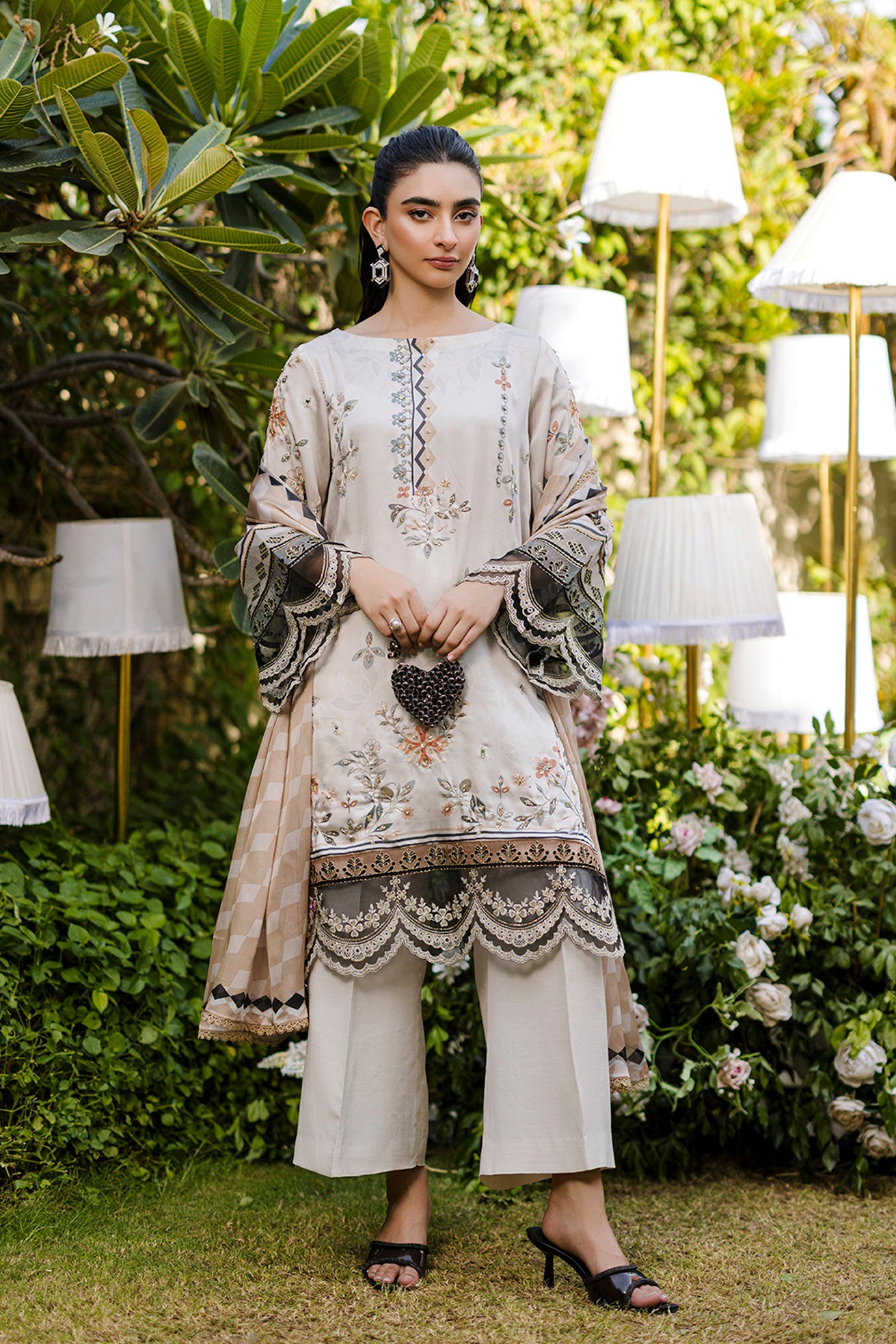 Soft beige 2-piece silk ensemble with olive and peach floral embroidery and scalloped lace borders.
