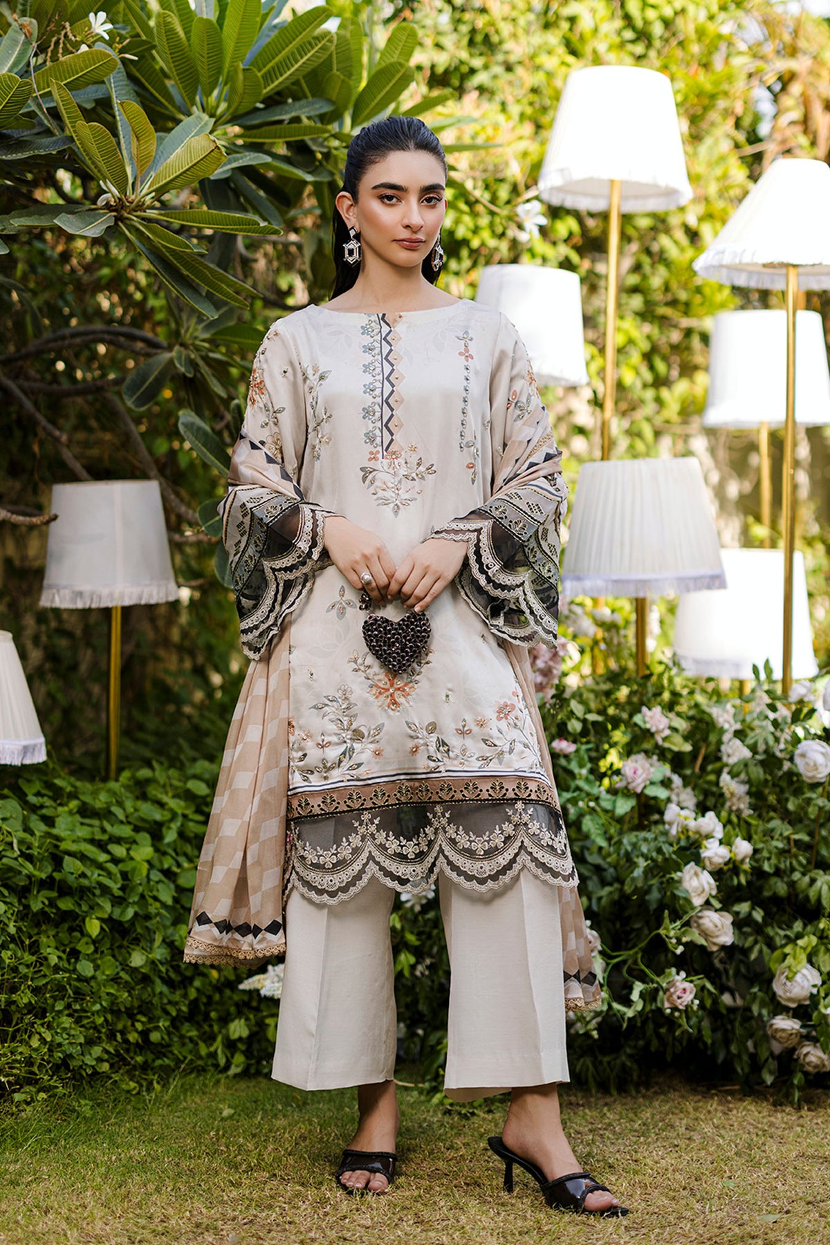 Silk Tunic - 2PCS HAND EMBELLISHED  SHIRT WITH TROUSER-FW25DA-2874 BEIGE