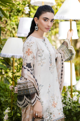 Soft beige 2-piece silk ensemble with olive and peach floral embroidery and scalloped lace borders.